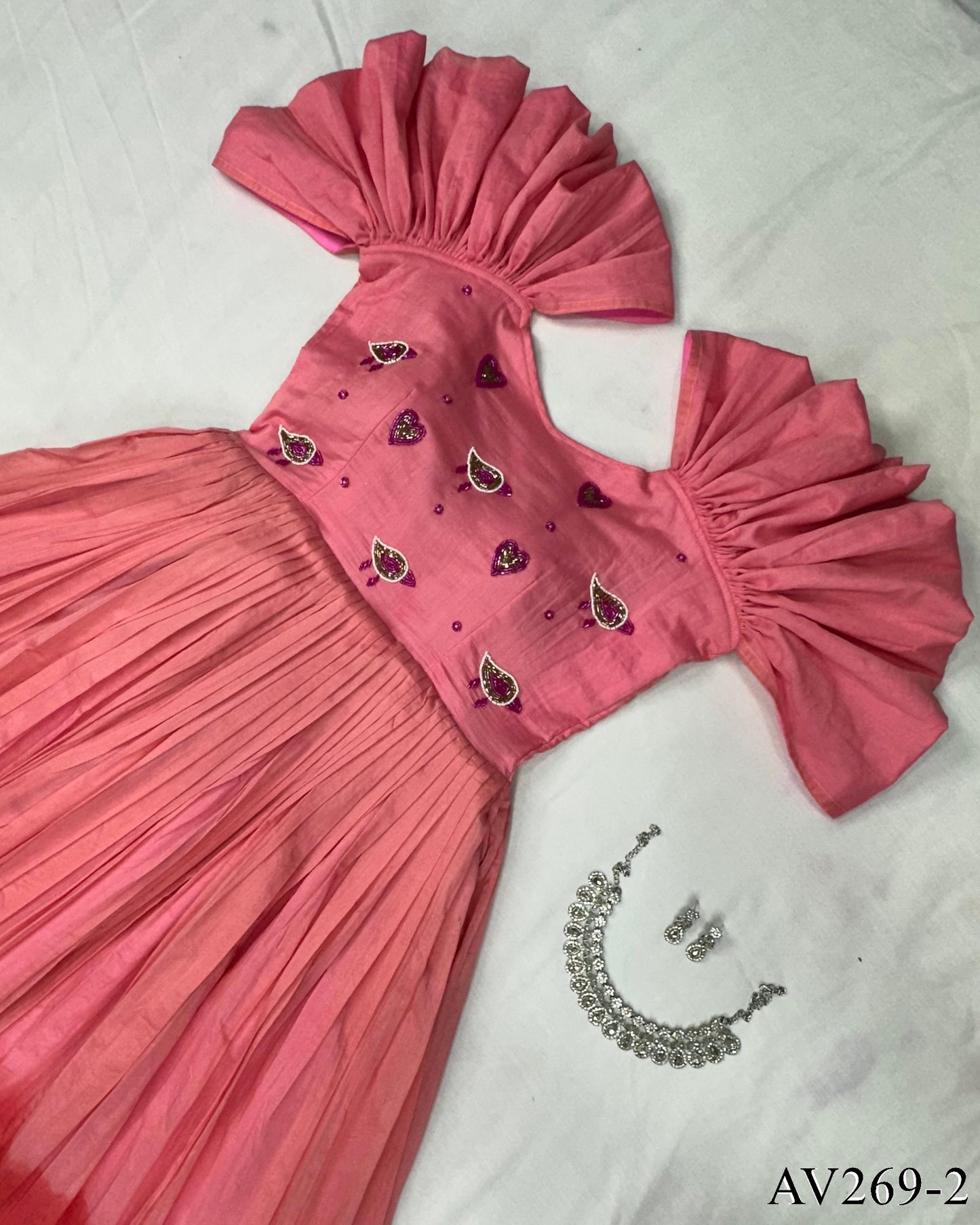 Yellow Color Fancy Neck Hand Work Gown