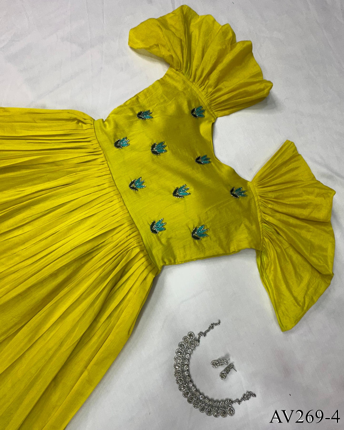 Yellow Color Fancy Neck Hand Work Gown