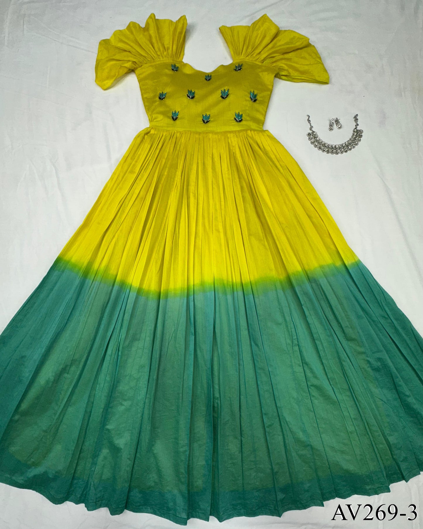 Yellow Color Fancy Neck Hand Work Gown