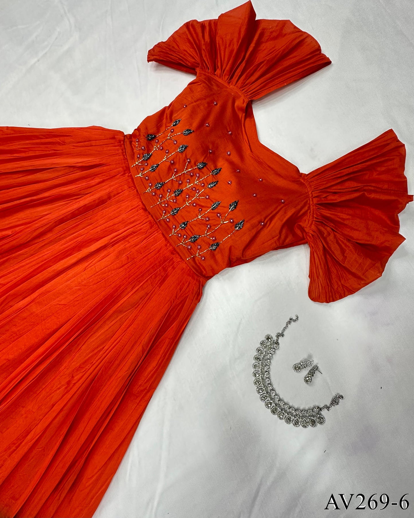 Yellow Color Fancy Neck Hand Work Gown