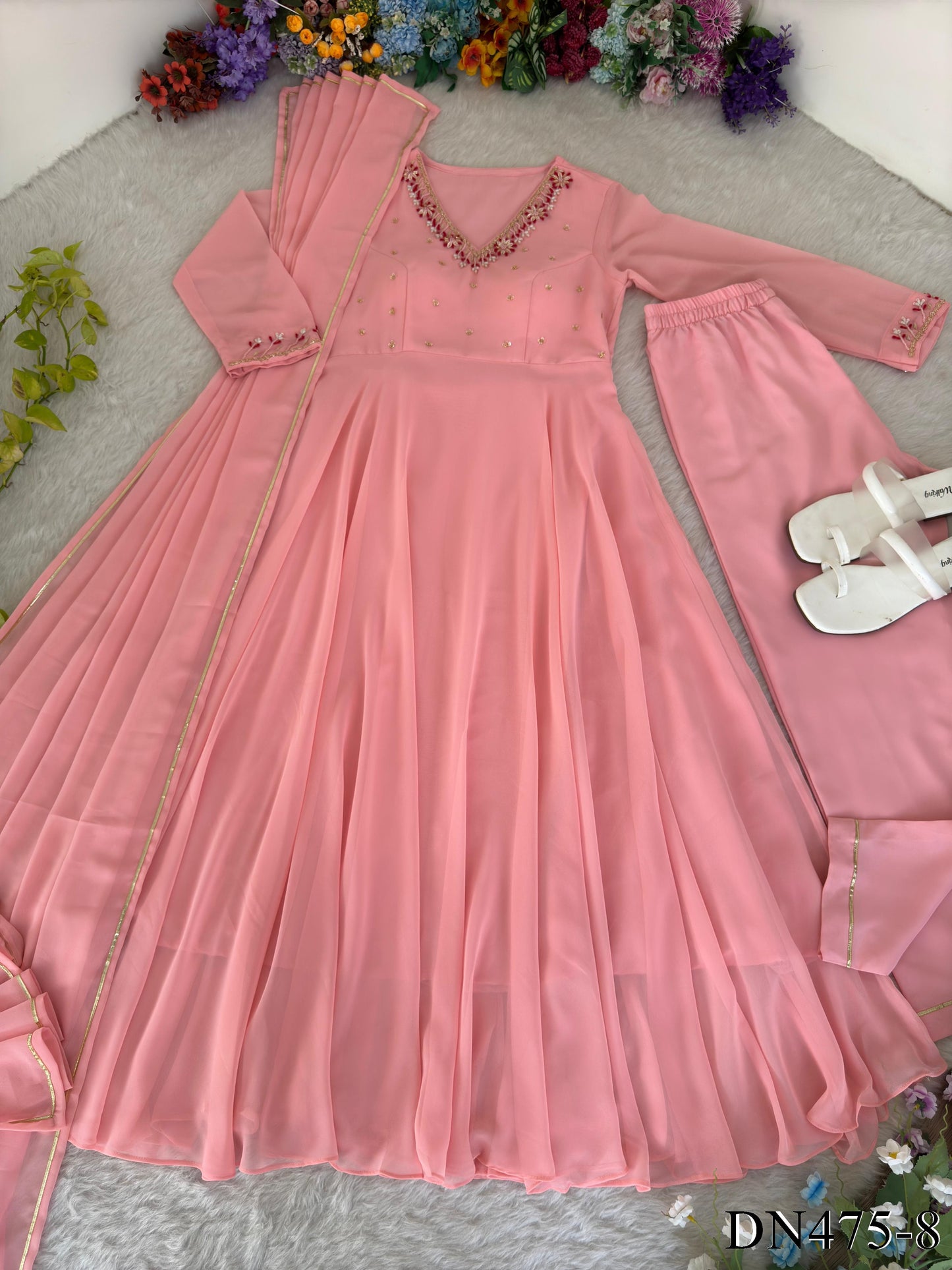 Pink color Hand Work Butter Cotton Gown