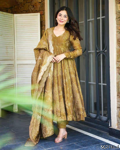 pure Soft Muslin Bandhej Print With Plain Work Anarkali