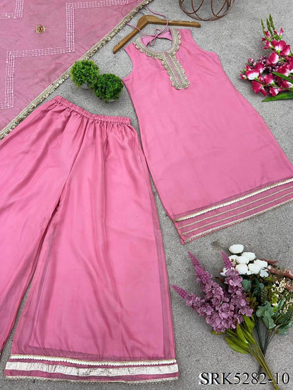 Pink Color Tabby Organza Embroidery Work Top Sharara