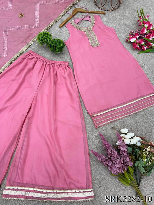 Pink Color Tabby Organza Embroidery Work Top Sharara