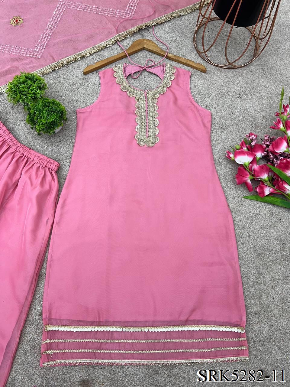 Pink Color Tabby Organza Embroidery Work Top Sharara