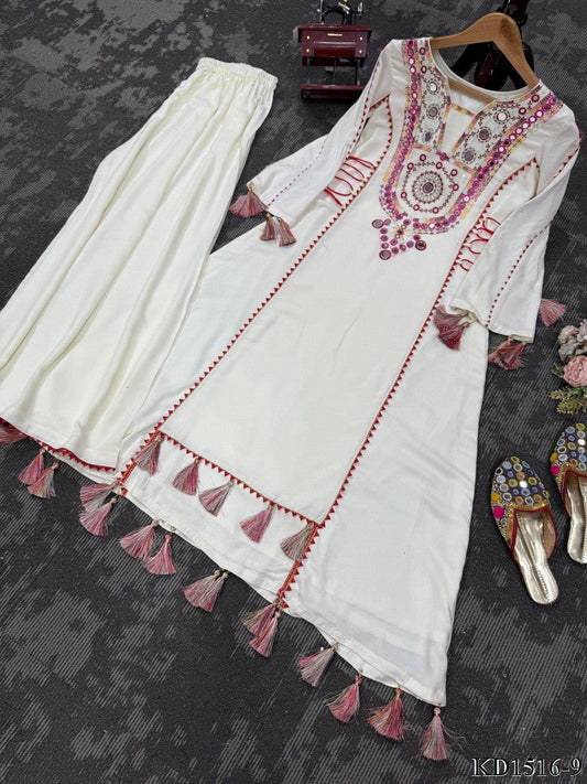 Reyon Fabric With Thread With Real Mirror Work Top Plazzo