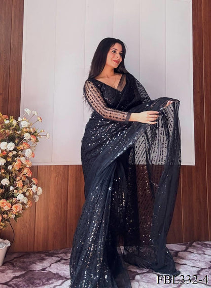 Black Color Net Fabric Heavy Sequence Work Saree