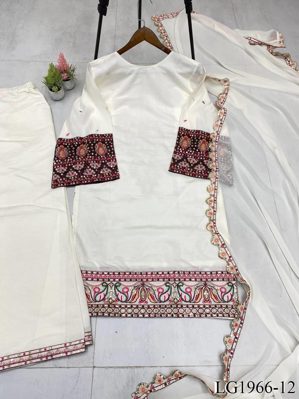 White Color Roman Silk Sequence Embroidery Work Top Plazzo