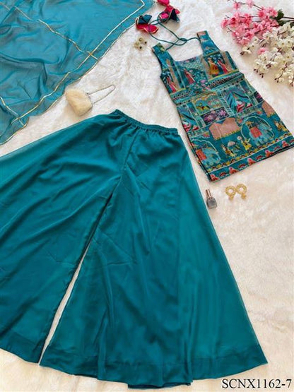 Sky Blue Color Jimmy Organza With Digital Print Top Plazzo