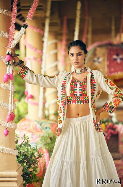 White Color Pure Cotton Embroidery Work Lehenga