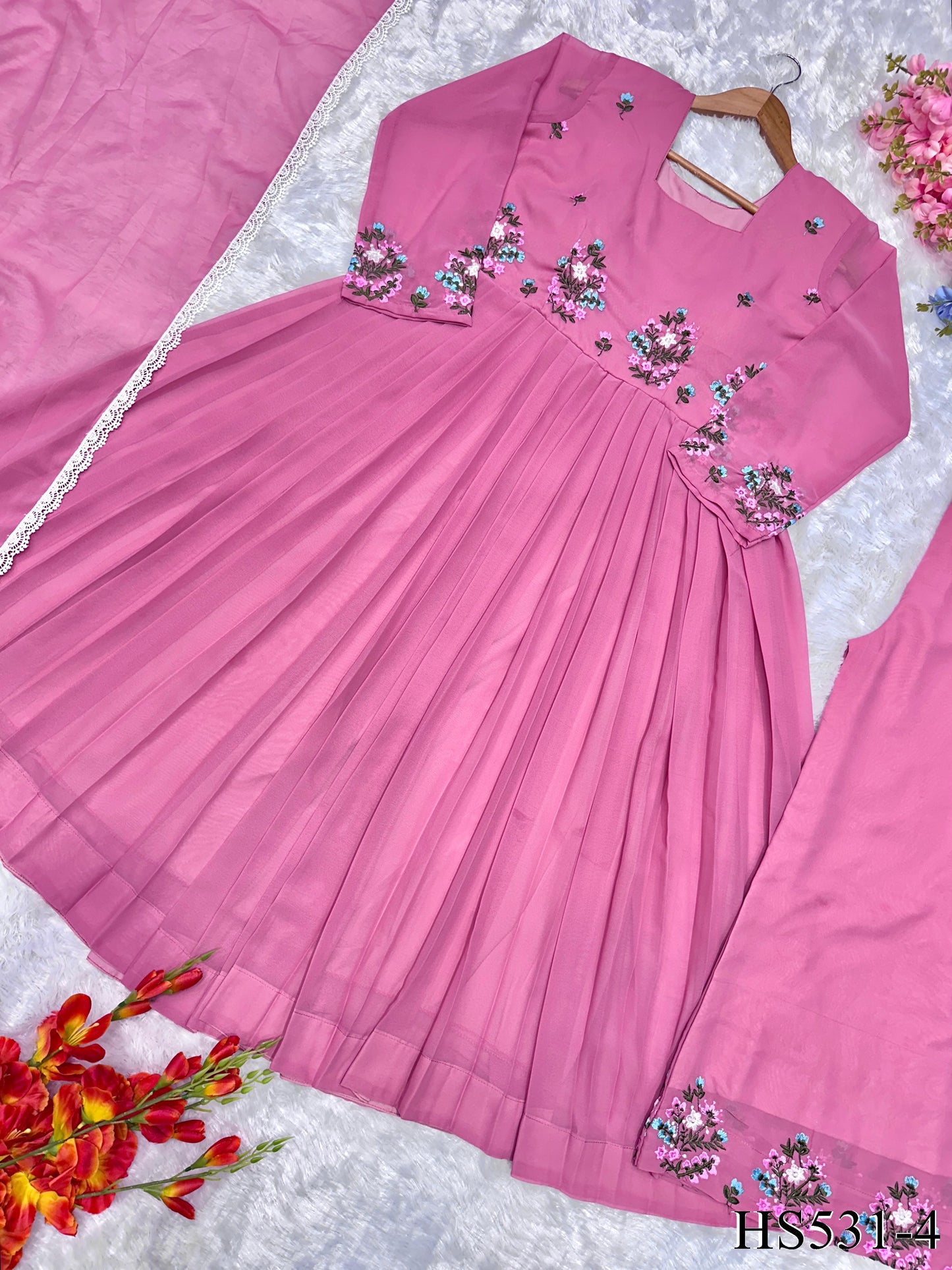 Pink Color Foux Georgette Embroidery Work Gown