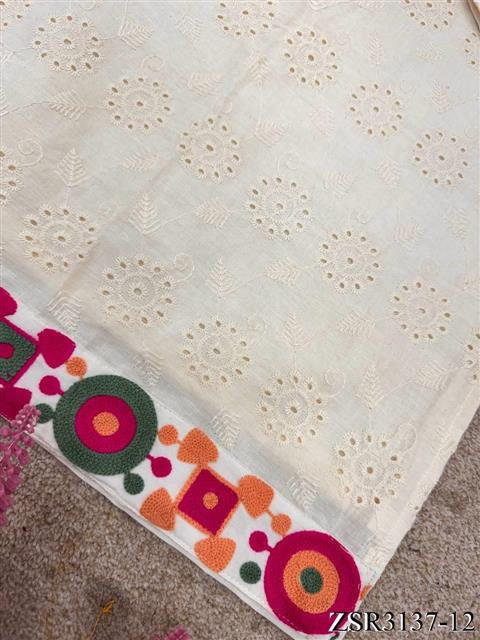 White Color Pure Khadi Cotton Schiffli Work Top Pent
