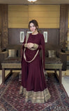 Wine Color Chinon Silk Embroidery Work Gown