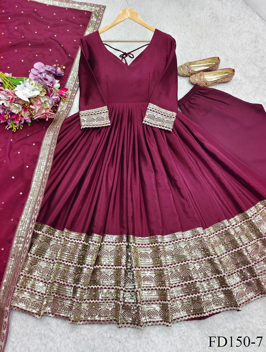 Wine Color Chinon Silk Embroidery Work Gown