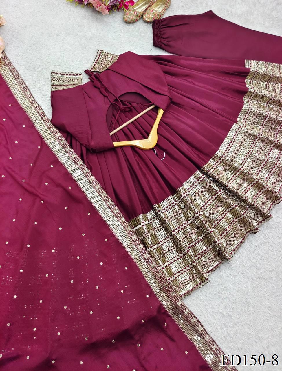 Wine Color Chinon Silk Embroidery Work Gown