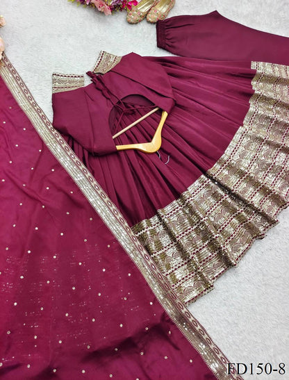 Wine Color Chinon Silk Embroidery Work Gown