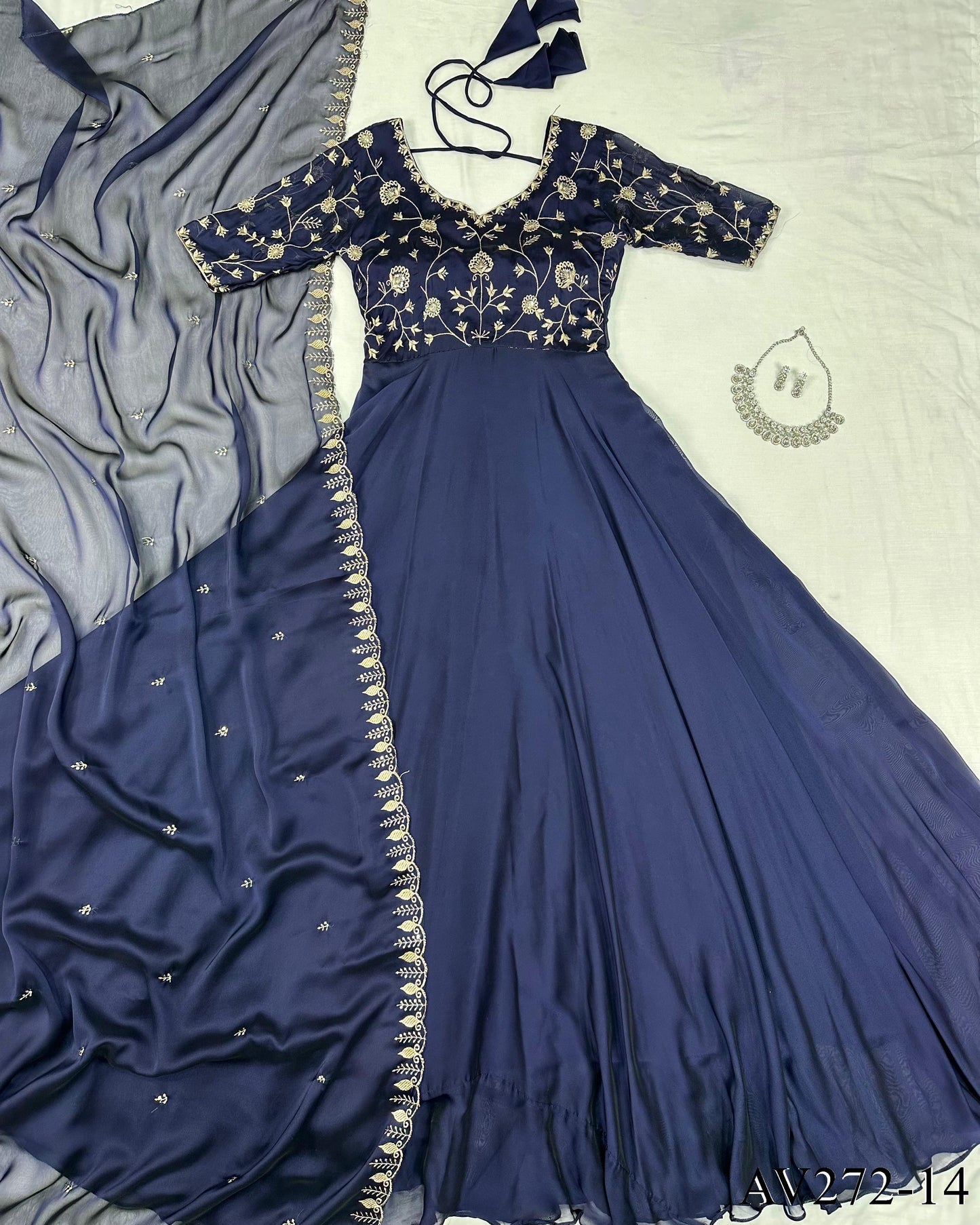 Designer Embroidered Silk Gown Ensemble With Dupatta