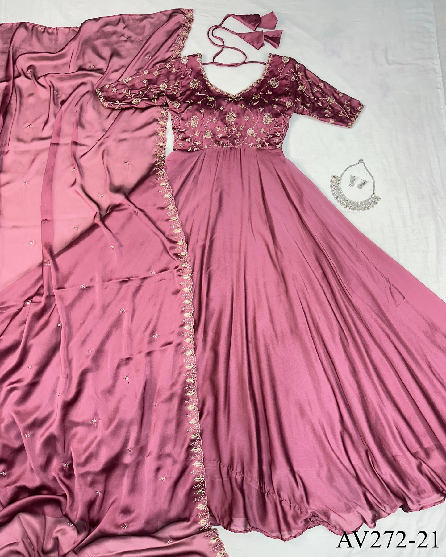 Designer Embroidered Silk Gown Ensemble With Dupatta