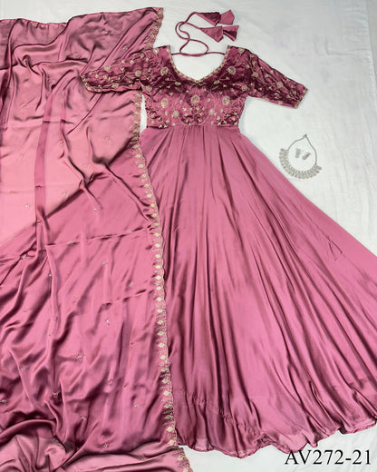 Designer Embroidered Silk Gown Ensemble With Dupatta