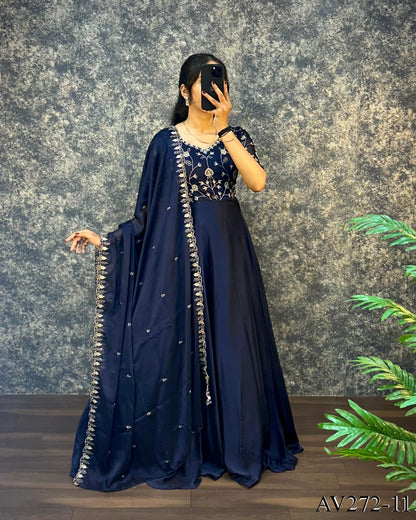 Designer Embroidered Silk Gown Ensemble With Dupatta