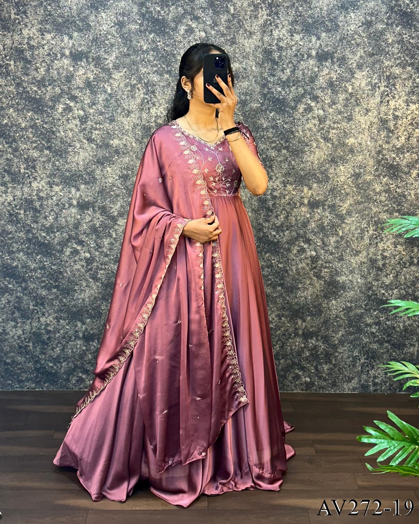 Designer Embroidered Silk Gown Ensemble With Dupatta
