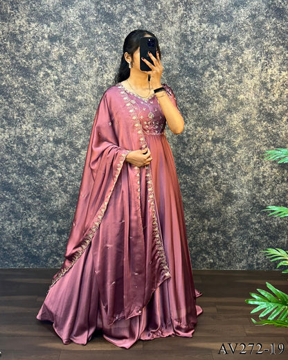 Designer Embroidered Silk Gown Ensemble With Dupatta
