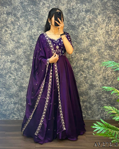 Designer Embroidered Silk Gown Ensemble With Dupatta