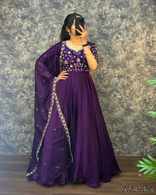 Designer Embroidered Silk Gown Ensemble With Dupatta