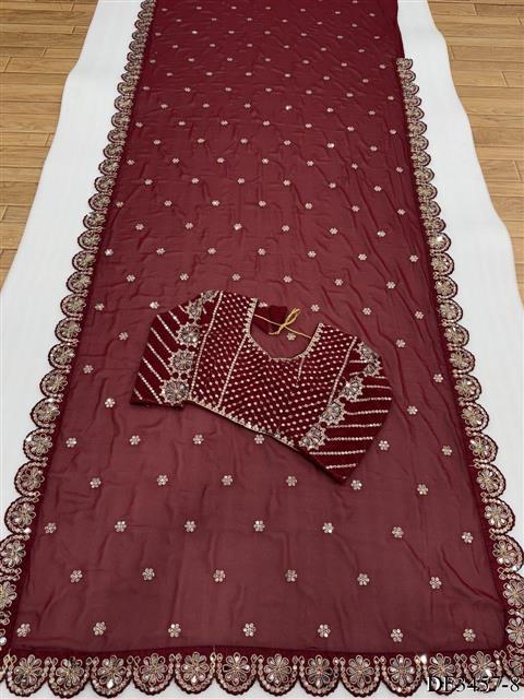 Red Color Faux Georgette Sequience Work Saree