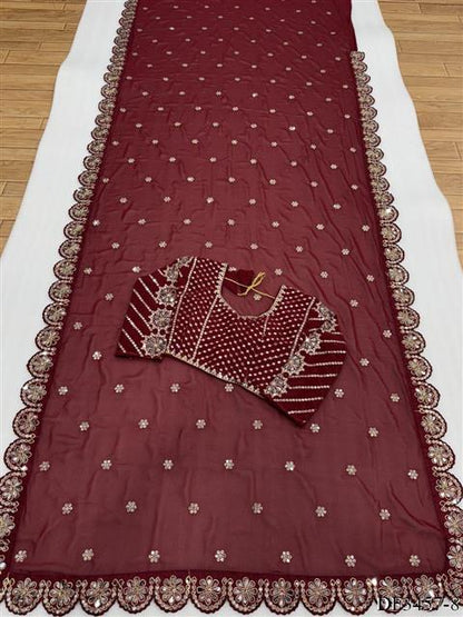 Red Color Faux Georgette Sequience Work Saree