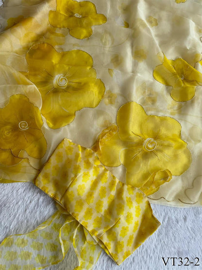 Yellow Color Soft Organza With Digital Print Work Saree