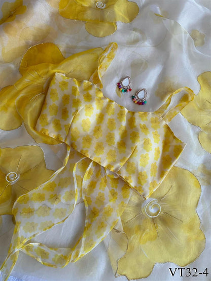 Yellow Color Soft Organza With Digital Print Work Saree