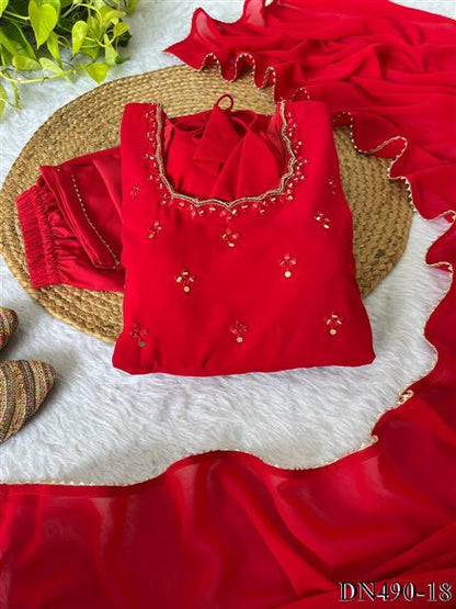 Faux Georgette Hand Mirror Embroidery Work Gown