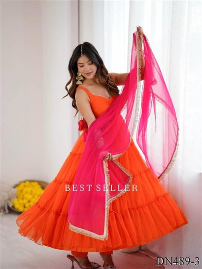 Orange Color Georgette Chiffon Sequins Work Gown