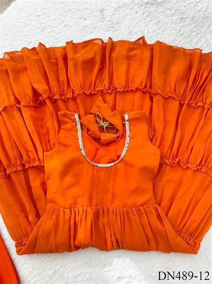 Orange Color Georgette Chiffon Sequins Work Gown