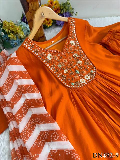 Orange Color Viscos Chanderi Silk Hand Work Gown