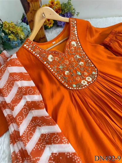 Orange Color Viscos Chanderi Silk Hand Work Gown