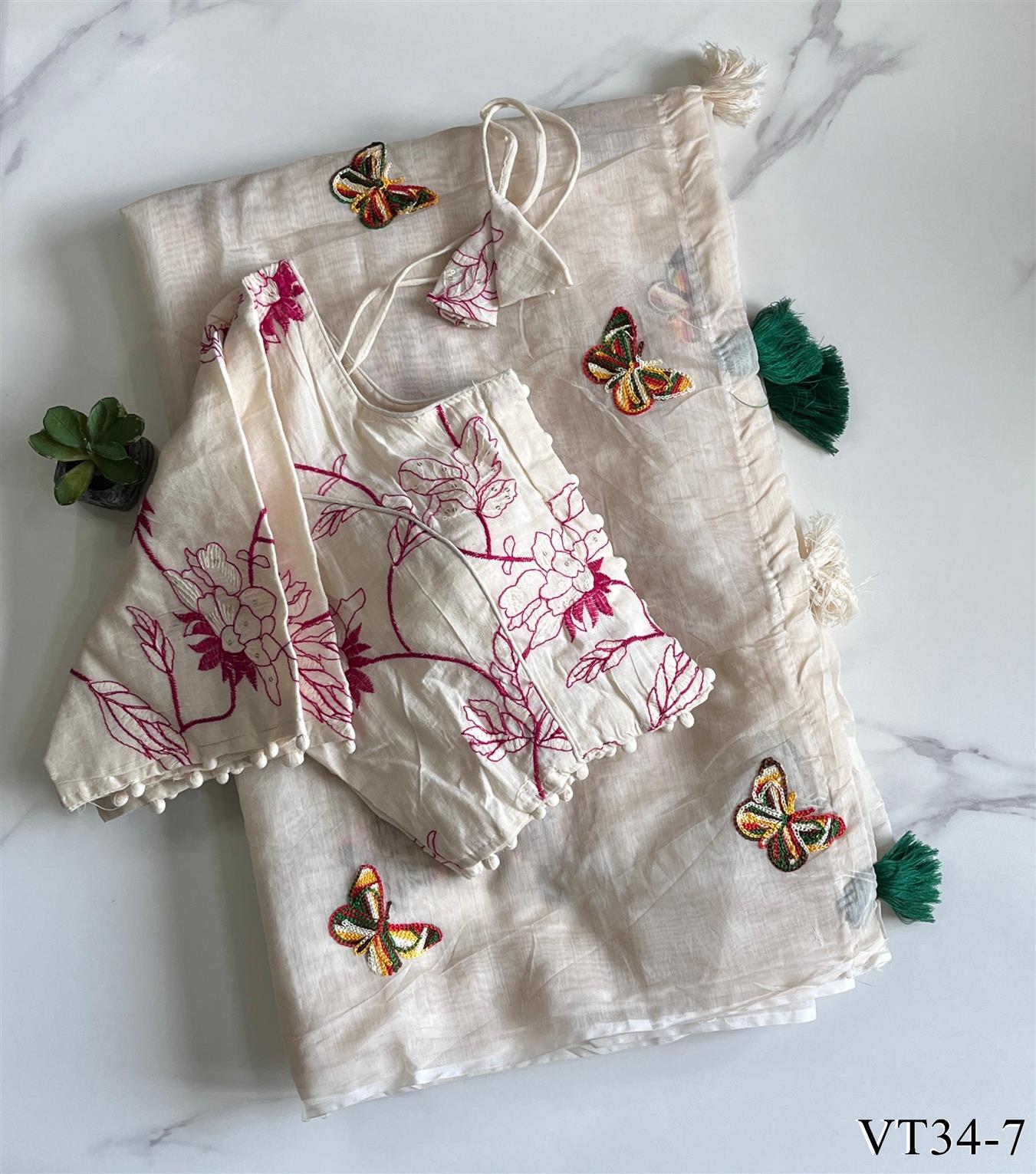 Pure Chanderi Cotton Fabric With Butterfly Work Saree