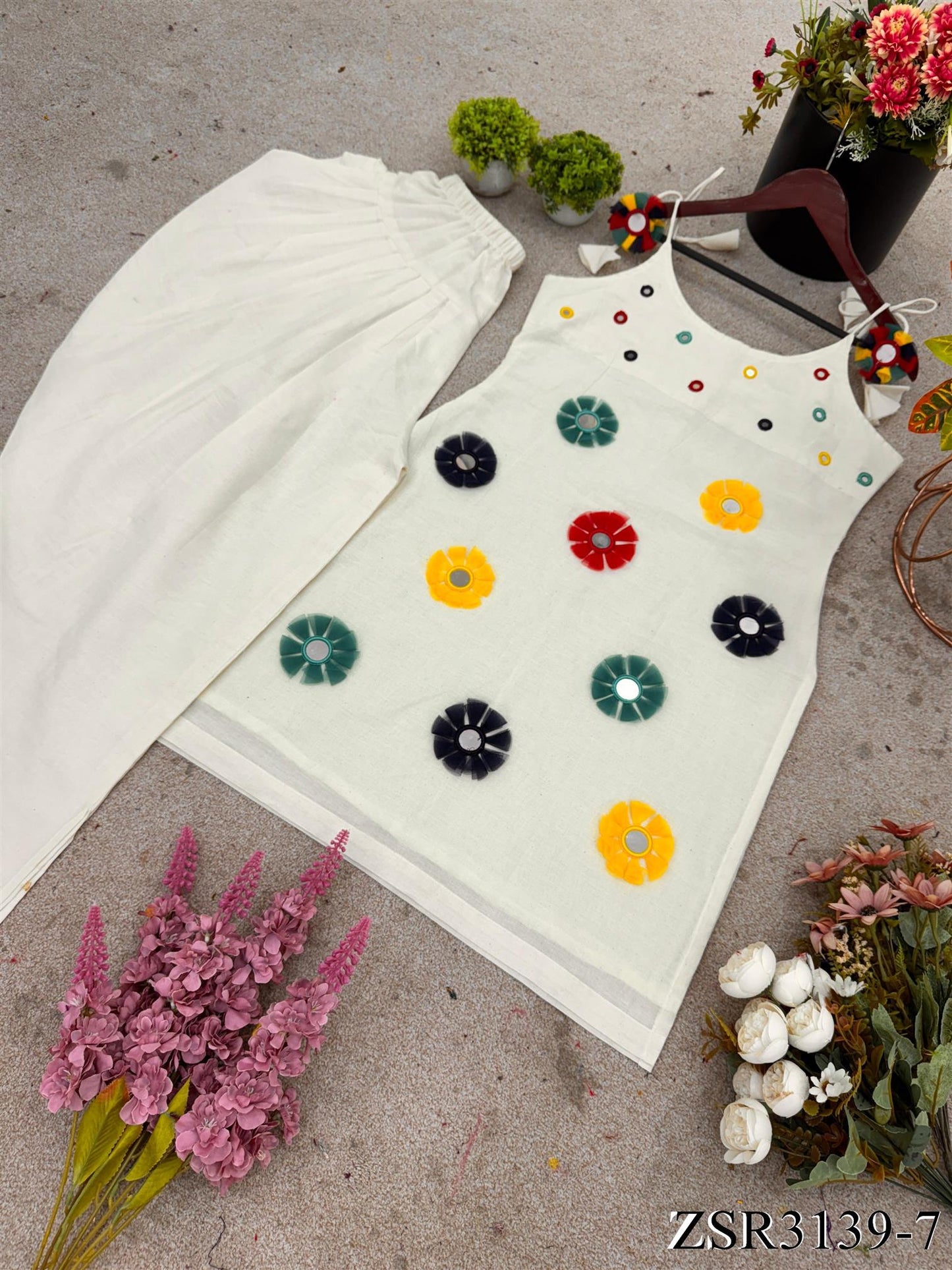 Beautifull White Color Khadi cotton Mirror Work Top Dhoti