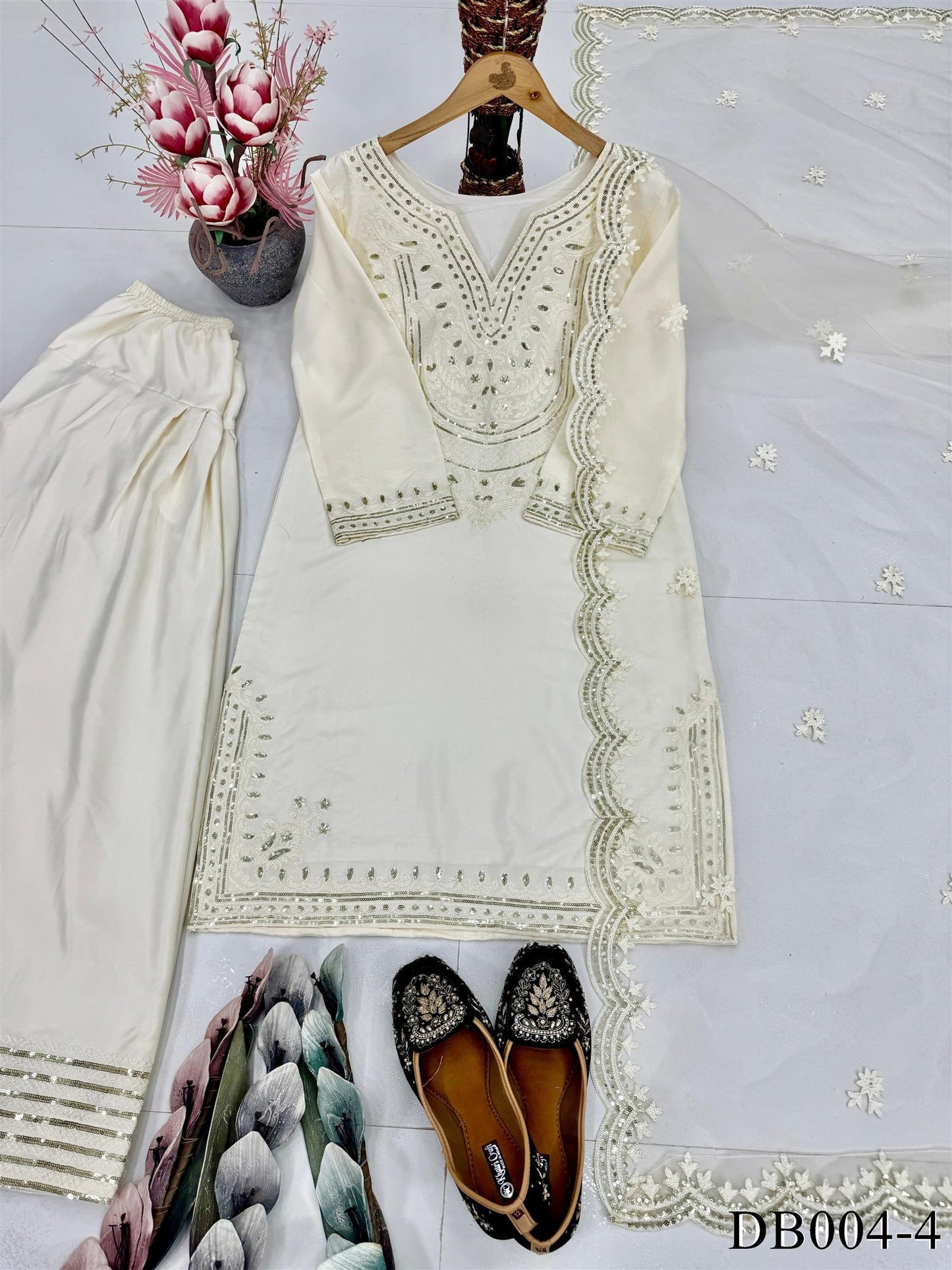White Color Heavy Natural Silk Embroidery Work Top Plazzo