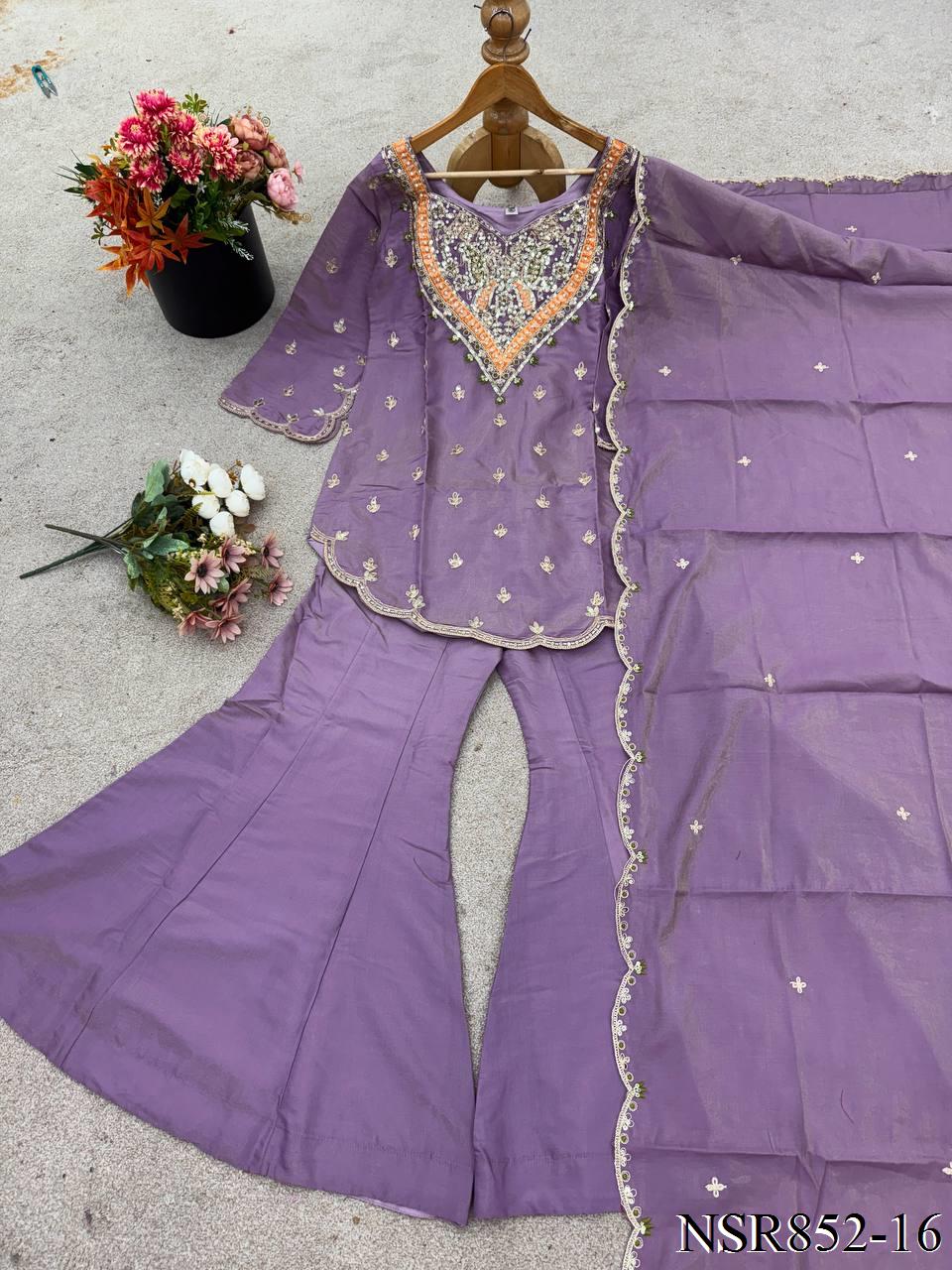Heavy Shimar Silk Top Palazzo Set with Embroidery & Sequin Work