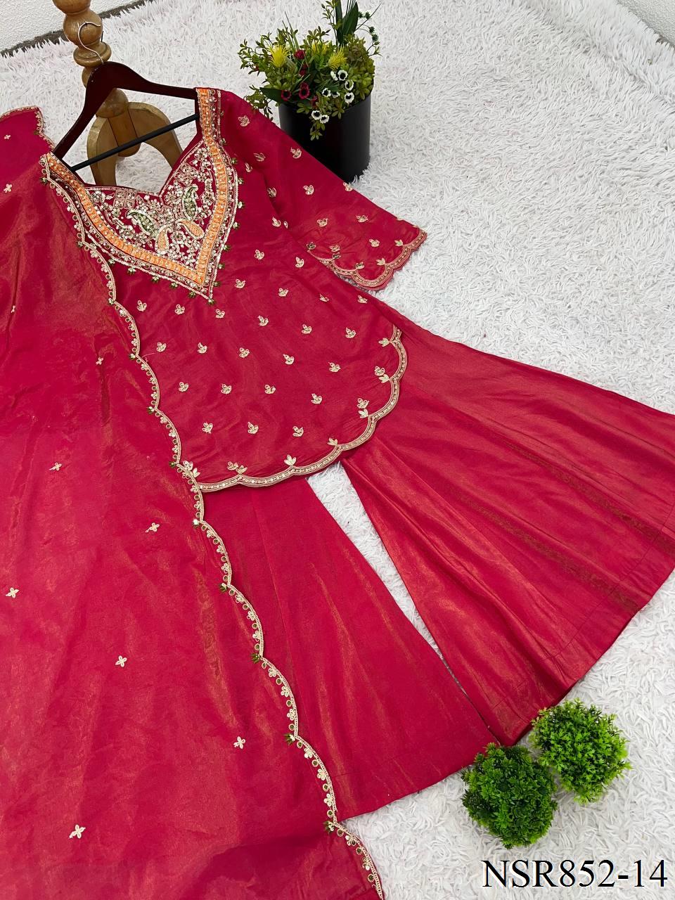 Heavy Shimar Silk Top Palazzo Set with Embroidery & Sequin Work