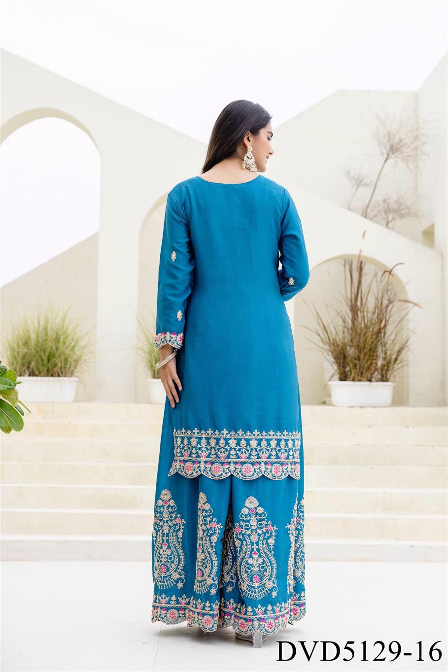 Chinon Fabric with Embroidery Sequience Coding Work Top Sharara