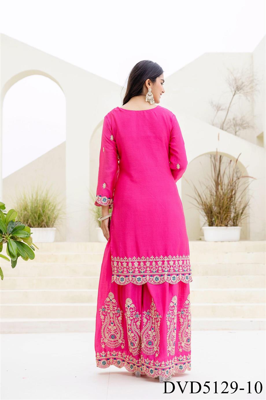 Chinon Fabric with Embroidery Sequience Coding Work Top Sharara