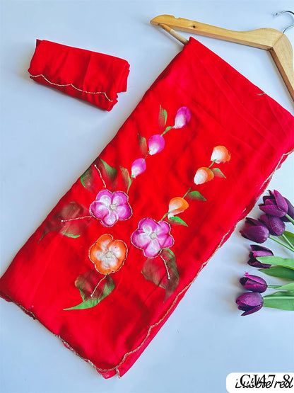 Beautifull Faux Georgette Hand Print Work Saree