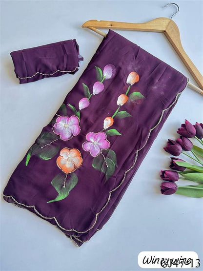Beautifull Faux Georgette Hand Print Work Saree