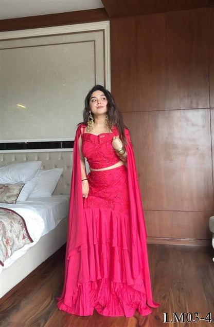 Red Color French Creap emroidery Work Blouse Skirt