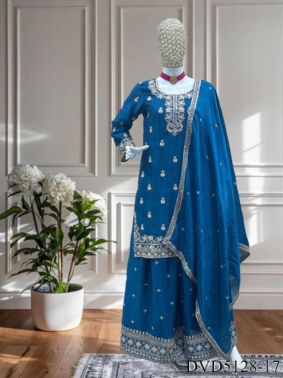 Chinon Silk Embroidery Sequience Work Top Sharara