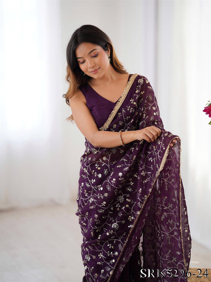 Crunchy Silk Embroidery Work With Lace Border Saree