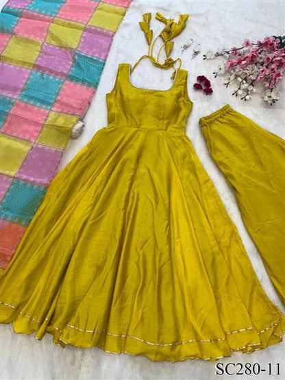 Chinnon Silk With Plain Work And Full Stitched Anarakali Gown